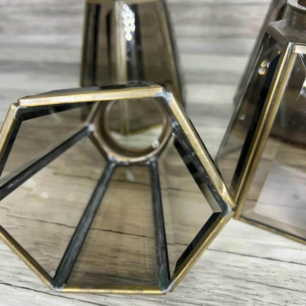 Vintage Brass Beveled Six Panel Clear Glass Shade Globe Replacement READ